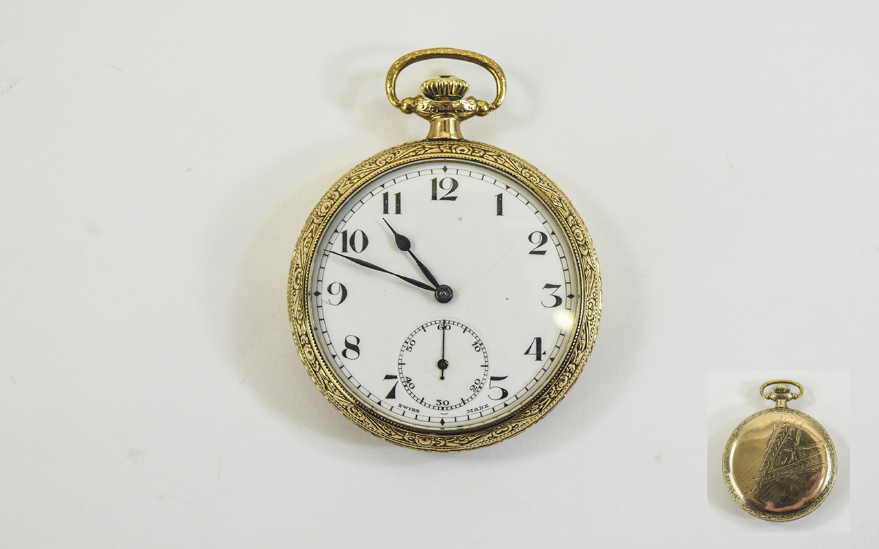 Art Nouveau 18ct Gold Plated Very Fine Keyless Open Faced Pocket Watch with Stylish Embossed