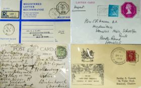 Small folder of interesting stamp covers including postcards, Isle of Man registered covers,
