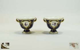 Royal Crown Derby Fine Pair of Signed and Hand Painted Urn Shaped Twin Handle Vases, Date 1912.