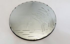Round Bevel Edged Wall Mirror, etched with heron design across the face,
