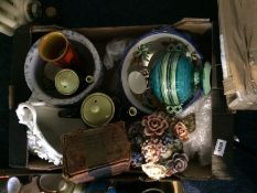 Mixed Box Of Ceramics. Including Tea pots, Royal Crown Derby Cup, Flower Posy And Ensign Camera.