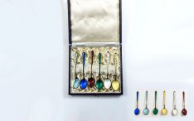 Set Of Six Danish Guilloche Enamelled Coffee Spoons Enamelled In Various Colours,