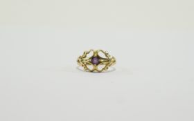 9ct Gold Dress Ring Openwork Stylised Heart With Central Round Amethyst, Fully Hallmarked,