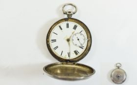 Gents Silver Hunter Pocket Watch 1867 White Enamel Face, Roman Numerals, Subsidiary Seconds,