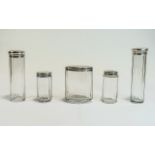 Edwardian - Ladies Matched Set of Silver Topped Glass Dressing Table Jars ( 5 ) In Total.