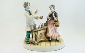 Large Figure Apothecary shop in porcelain featuring two figures on white base. Approx height 40