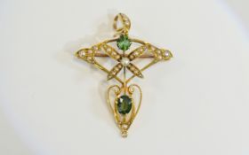 Victorian 15ct Gold Arts & Crafts Pendant Of Openwork Sinuous Design Set With Split Seed Pearls And