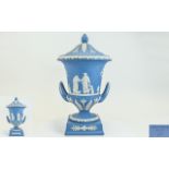 Wedgwood - Jasperware Impressive - Twin Handle Campagna Neo Classical Lidded Urn Shaped Vase Blue