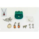 Small Collection Of Jewellery Comprising Amber Stone Set Drop Floral Silver Earrings,