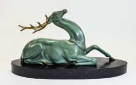 Art Deco Impressive and Heavy Painted Speltor Figure of a Large Stag,