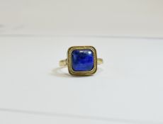 Large Stone Set Ring Gold tone statement ring with large square central stone in Prussian blue