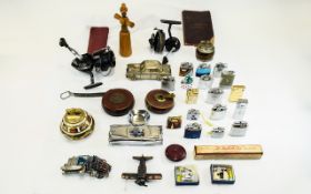 Mixed Box Of Collectibles To Include Fishing Reels, Crown Derby Table Lighter AF,