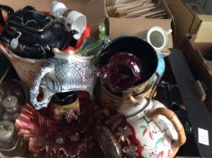 Box of Assorted Ceramics and Glass including carnival glass, teapot, coloured glass, jardiniere,