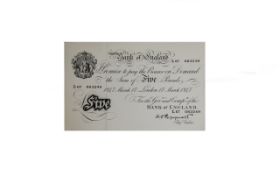 Bank of England White Five Pound Note, Dated 17th March 1947, No L67 083249. Chief Cashier K.O.