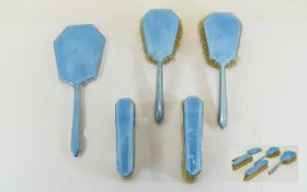 Art Deco Blue Guilloche Enamel Dressing Table Set Comprising 2 Handled Brushes,