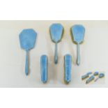 Art Deco Blue Guilloche Enamel Dressing Table Set Comprising 2 Handled Brushes,