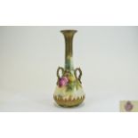 Royal Worcester Hand Painted Twin Handled Specimen Vase ' Roses ' Stillife, Date 1911. Unsigned. 7