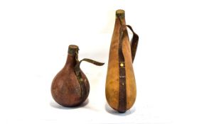 African Tribal Interest 2 Gourd Water Carriers With Leather Fitments And Bead Work Decoration,