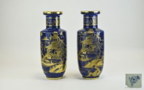 A Pair Of Carlton Ware Vases, Pagoda Pattern in Gold on Ground Blue Base. Mark for 1894-1926.