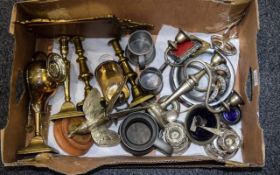 Box of Miscellaneous Metalware comprising 19thC brass candlesticks with pushers, pewter mug,