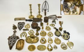Collection Of Metalware To Include Horse Brasses, Bells, Candle Sticks, Ink Well, Deity, Pots,