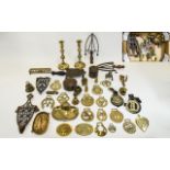 Collection Of Metalware To Include Horse Brasses, Bells, Candle Sticks, Ink Well, Deity, Pots,