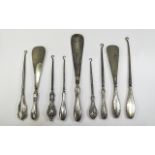A Collection of Early 20th Century Assorted Six Silver Handle Button Hooks ( 6 ) + Three Assorted
