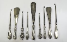 A Collection of Early 20th Century Assorted Six Silver Handle Button Hooks ( 6 ) + Three Assorted