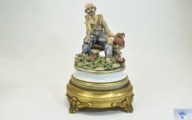 Capodimonte Very Fine Handmade Early Porcelain Figure ' Tramp Resting on a Bench ' Smoking a Pipe.