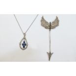 Silver Art Deco Stone Set Winged Pin Together With A Similar Style Silver Pendant On Chain,