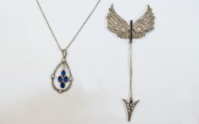 Silver Art Deco Stone Set Winged Pin Together With A Similar Style Silver Pendant On Chain,