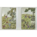 Chinese - 19th / 20th Century Large Rectangular Shaped Pair of Polychrome Brightly Coloured Tiles,