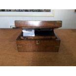 Walnut Writing Slope, brass hinge opens to reveal fitted interior compartment with tooled