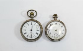 2 Silver Pocket Watches Both With White Enamel Faces And Stamped To Case,