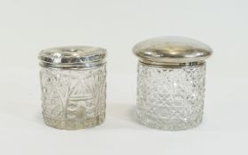 Antique Silver Topped Cut Glass Ladies Vanity Jars ( 2 ) Hallmarks Birmingham 1923, 3 Inches High.