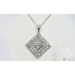 Aquamarine Square Pendant and Chain, rows of round cut aquamarines framing a centre formed by four