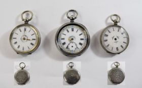 3 Silver Continental Pocket Watches All With White Enamel Faces, Floral Design,