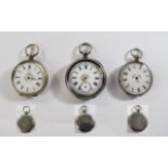 3 Silver Continental Pocket Watches All With White Enamel Faces, Floral Design,