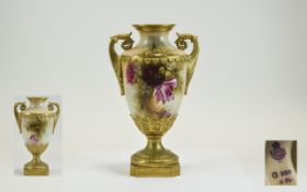 Royal Worcester Hand Painted and Signed Twin Handle Urn - Shaped Vase ' Roses ' Stillife. Signed J.