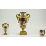 Royal Worcester Hand Painted and Signed Twin Handle Urn - Shaped Vase ' Roses ' Stillife. Signed J.