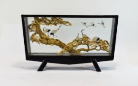 Oriental Carved Cork Sculpture Depicting A Tree With 8 Cranes Enclosed In A Glazed Ebonised Display,
