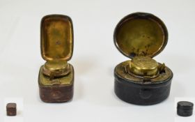 Victorian - Pair of Oval Shaped and Rectangular Shaped - Hinged Travelling Inkwells, Leather Bound,