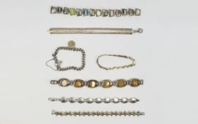 6 Silver Bracelets & A Silver Charm Bracelet 2 Stone Set With Amber And Coloured Stones,