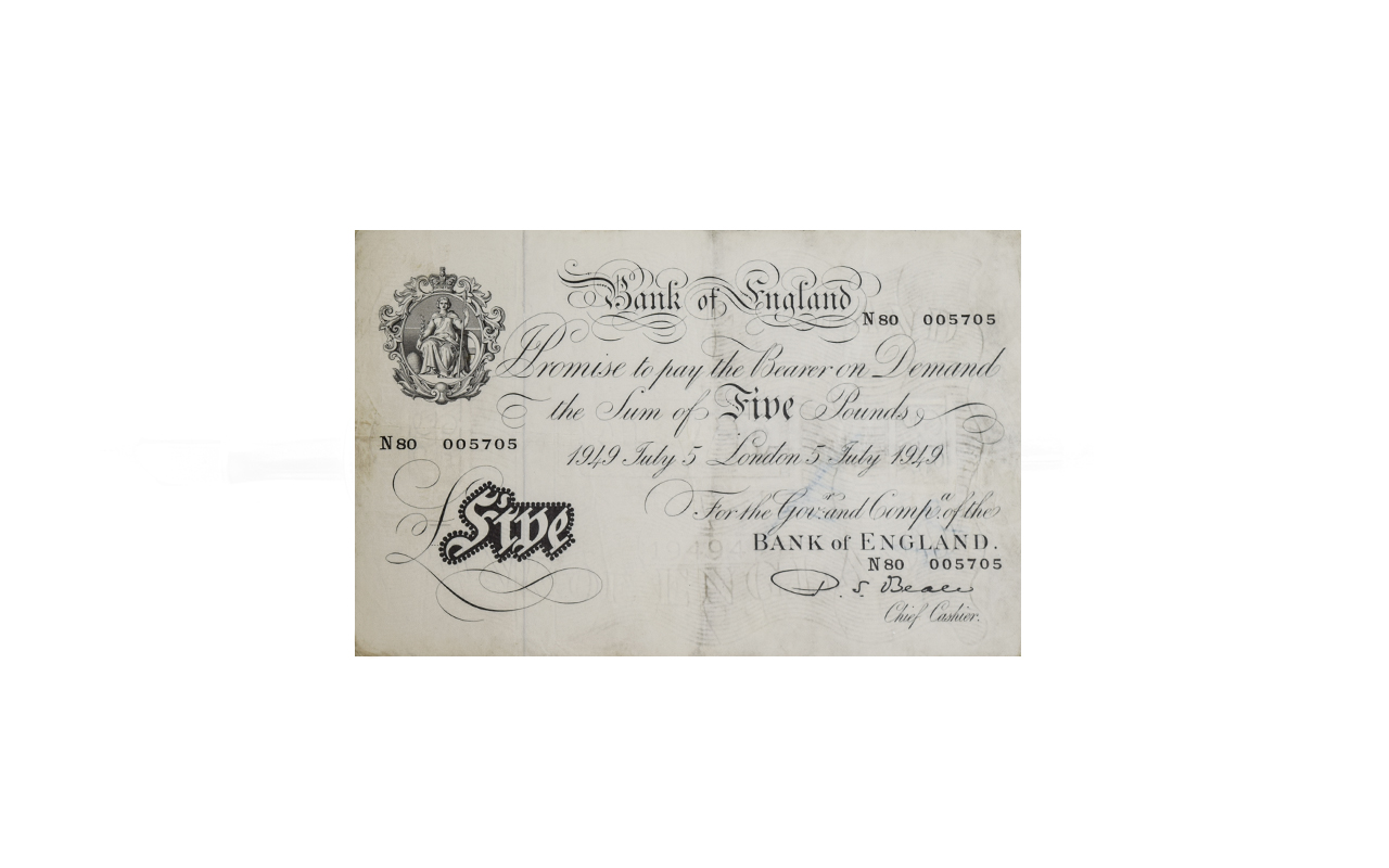 Bank of England White Five Pound Note, Dated July 5, 1949. No 80 005705. Chief Cashier S. Beale.