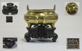 Chinese Ming Dynasty Emperor Xuande Marked Gilt Bronze Tripod Censer,