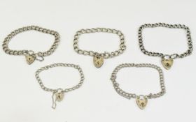 5 Silver Charm Bracelets All With Heart Padlocks, Approx 58g,