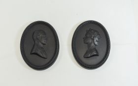 Black Basalt Medallions by Wedgwood Royal Silver Wedding Plaques in original presentation box.