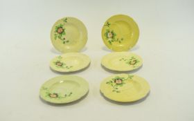 Carlton Ware Set of 6 Fruit Plates floral design on yellow ground.