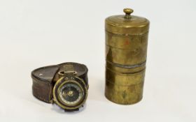 Military Interest Marching Compass In Leather Case And Trench Art Brass Tea Strainer With Lid And