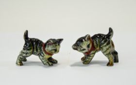 A Vintage Pair of Playful Kittens - Figures In Porcelain, Wearing Red Bow Ties.